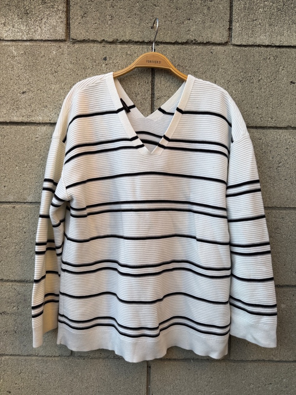 Striped V-Neck Sweater in White and Black